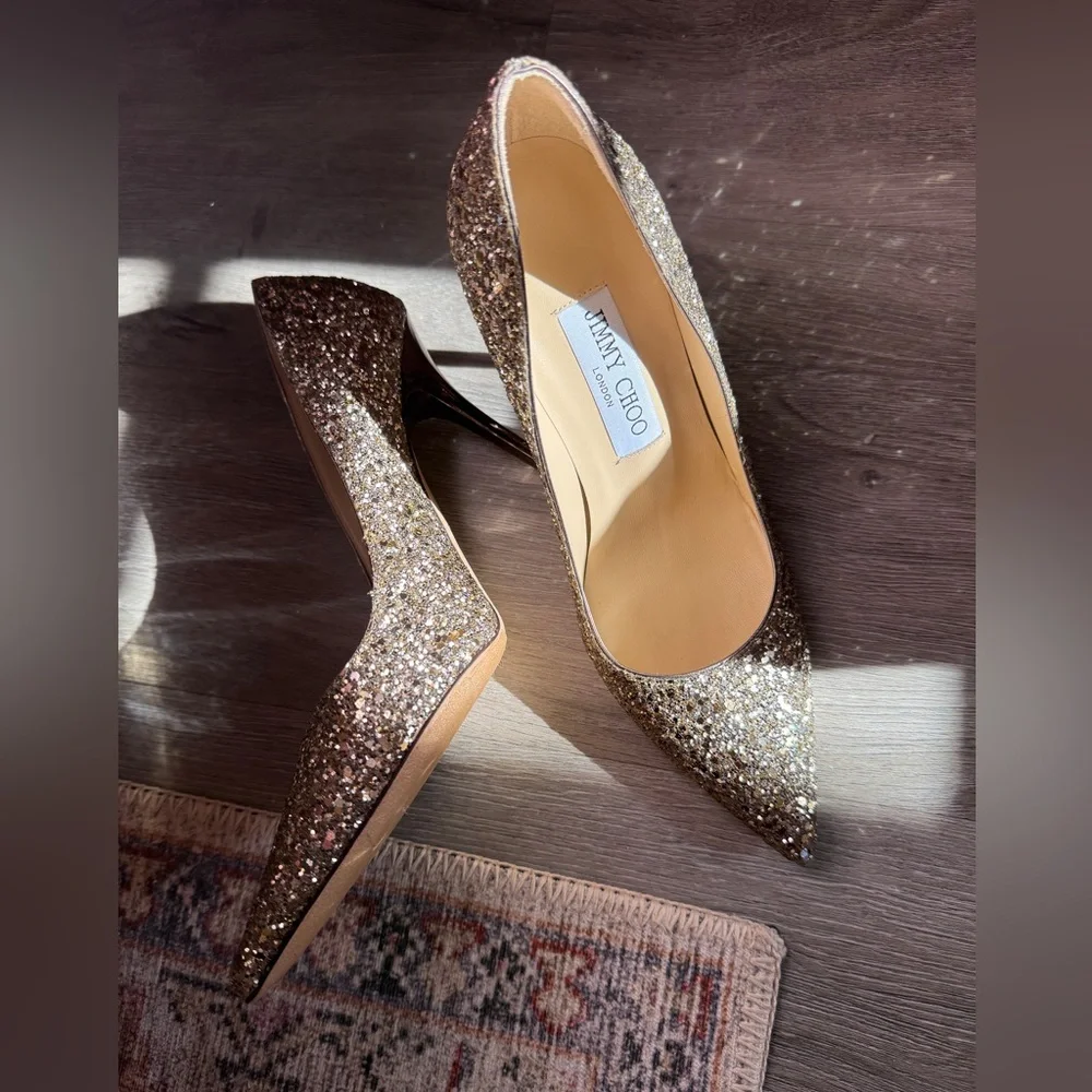 Jimmy Choo Classic Sparkling Glitter Gold Abel Heels - Picture 7 of 12
